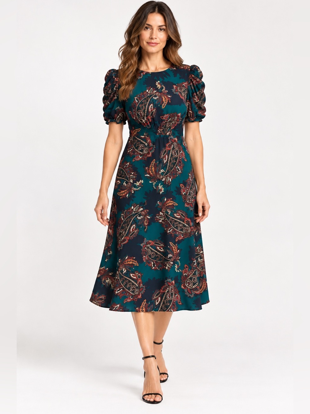 NWT VINCE CAMUTO Paisley Puff  Sleeve Midi Dress Women’s Size 2 Green Lined